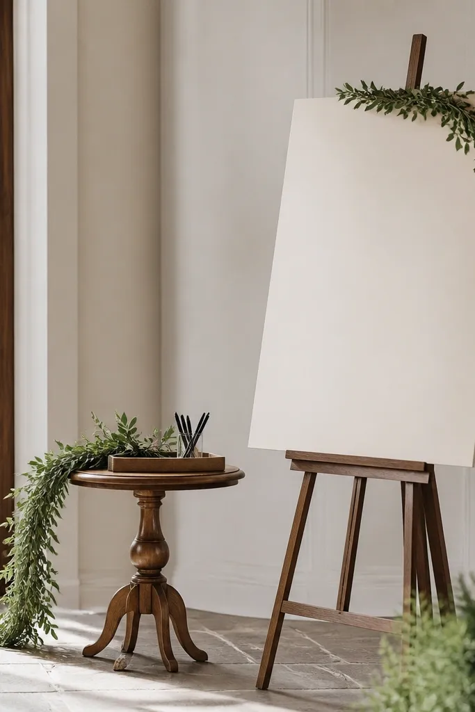 A small welcome area at the entrance. Before: multiple signs on stakes and a busy flower arrangement. After: one cream welcome board on an easel with clean typography, a small tray of pens, and a single greenery garland draped over a side table. The space looks calm and organized.