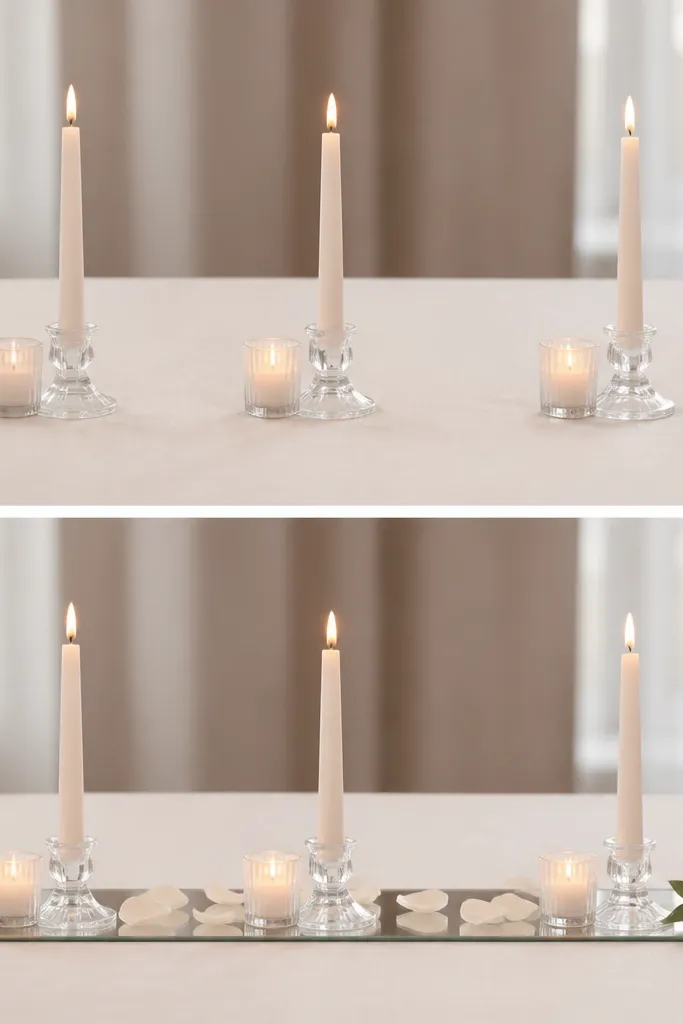 A small table centerpiece with taper candles on a narrow mirrored tray. Before: candles sit on the bare tablecloth and look flat. After: candles are arranged on a mirrored strip with a few scattered petals and two small greenery sprigs at the edges.