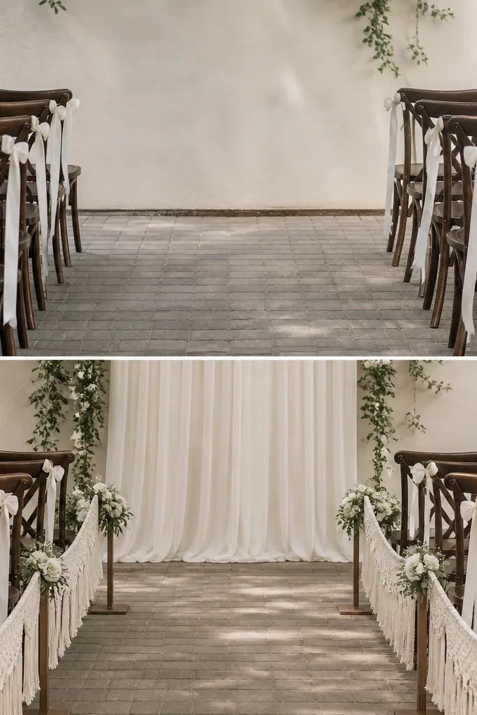 A ceremony corner with chairs lined up. Before: chairs have ribbon bows only and the aisle looks empty. After: a simple macramé-style runner hangs along a low frame with soft white flowers attached at intervals and a small arch-free backdrop drape.