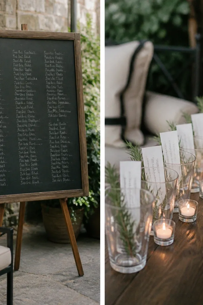 A small patio seating area with escort cards displayed in clear beer glasses. Before: a chalkboard list on a stand. After: a row of clear glasses with handwritten cards, each glass next to a small candle and a sprig of herbs.