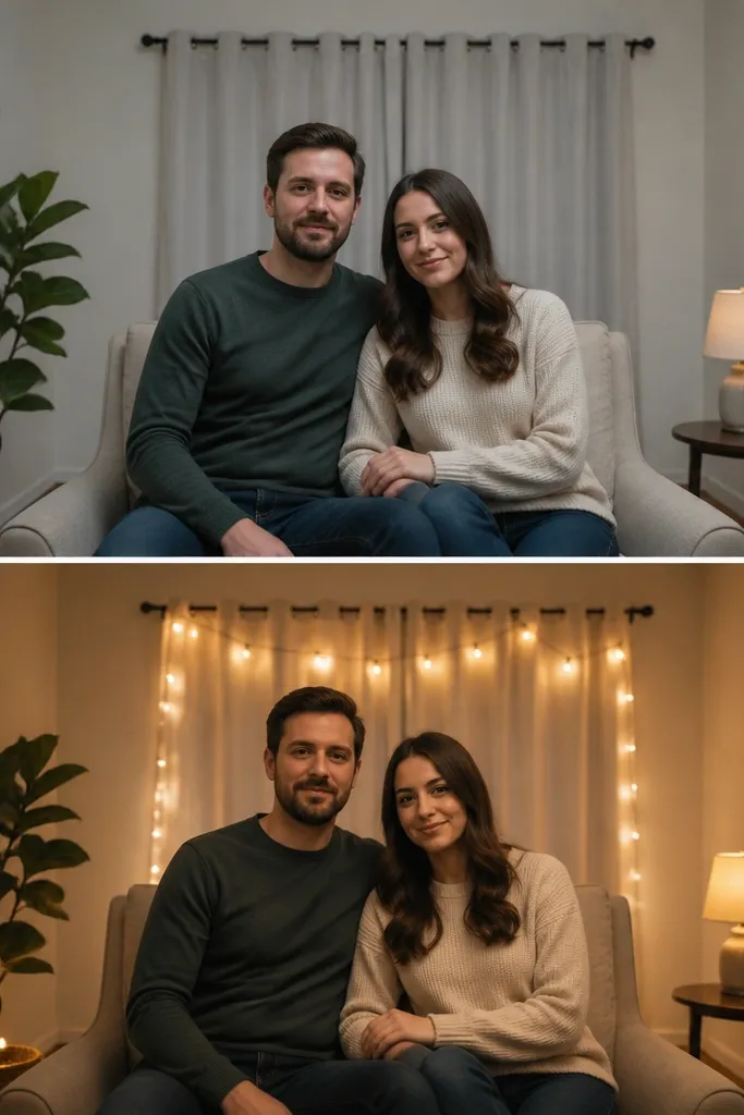 A small indoor room with overhead lights off or dimmed. Before: harsh overhead lighting makes faces look flat. After: warm string lights hang behind the seating area, clipped to a curtain rod, and a small lamp glows near the couple's chair. The background looks soft and flattering.