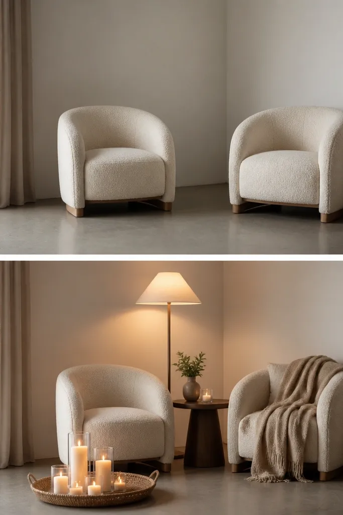 A small lounge corner near the ceremony space. Before: two chairs sit alone, leaving an empty corner. After: a floor lamp with warm shade, a small side table, a woven throw, and a low tray with candles. The corner looks intentional and photo-friendly.