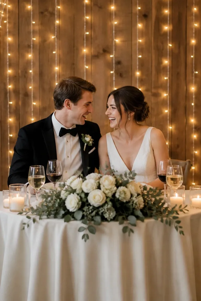 A small head table with a cream tablecloth. Warm-white fairy lights are strung vertically on a simple wood panel backdrop behind the couple, with a few strands draped down the sides. The lights glow softly without looking like a spotlight.