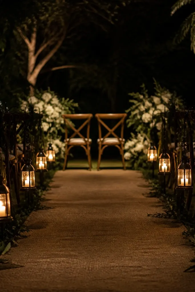 A narrow ceremony aisle lined with two rows of small hanging lanterns. Each lantern has a warm LED bulb inside. The background is dark enough that the lanterns glow and guide the eye toward the couple's chairs.