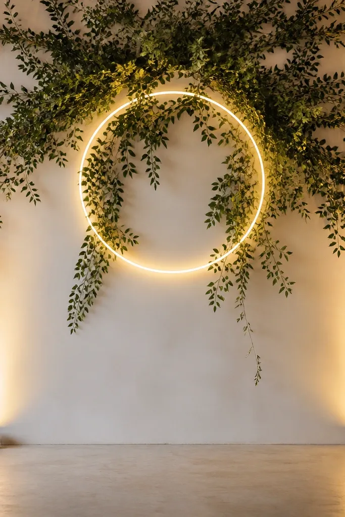 A simple photo backdrop with greenery and a neon sign. Two small LED uplights sit on the floor at the bottom corners, aiming upward to wash the wall in warm light.