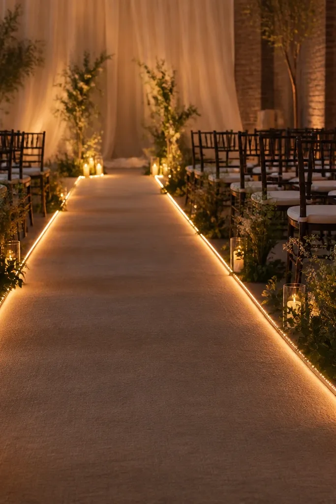 An aisle with low LED rope lights tucked along the edge of the walkway. The rope lights glow warmly and outline the path without creating bright spots.
