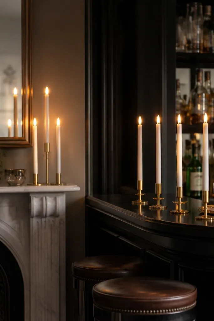 Inside a room, LED window candle sticks are placed on a mantel and along the side of a bar. The light feels like candlelight and reflects gently on nearby glassware.