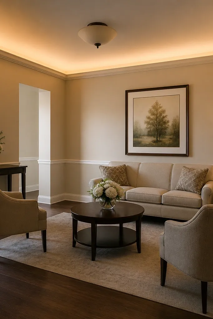 A small reception room where uplights wash the ceiling with warm light. The overhead fixture is off or dim, and the ceiling glow makes the room look softer.