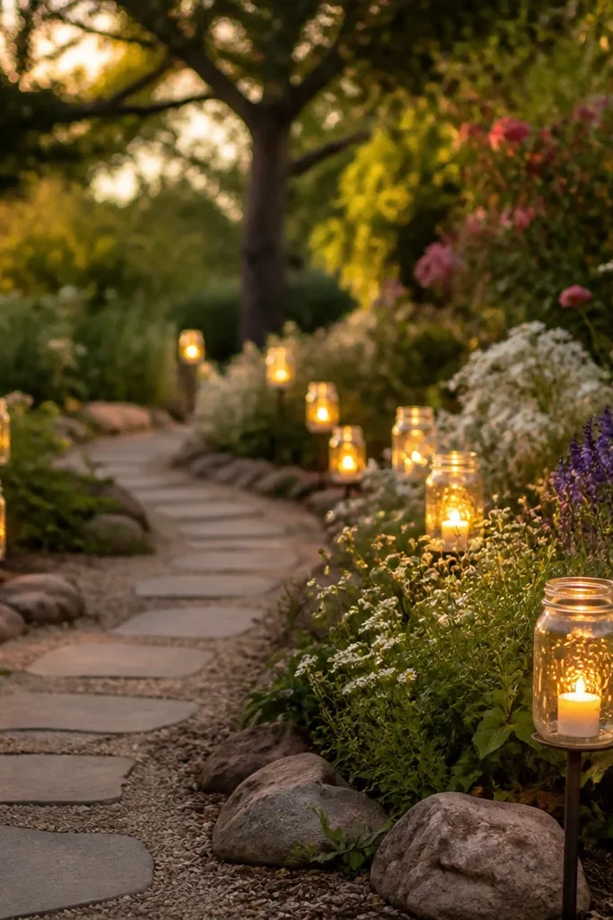 A winding garden path lined with mason jars holding warm LED tea lights. The jars sit on small stakes or low stones, creating a gentle guiding line.