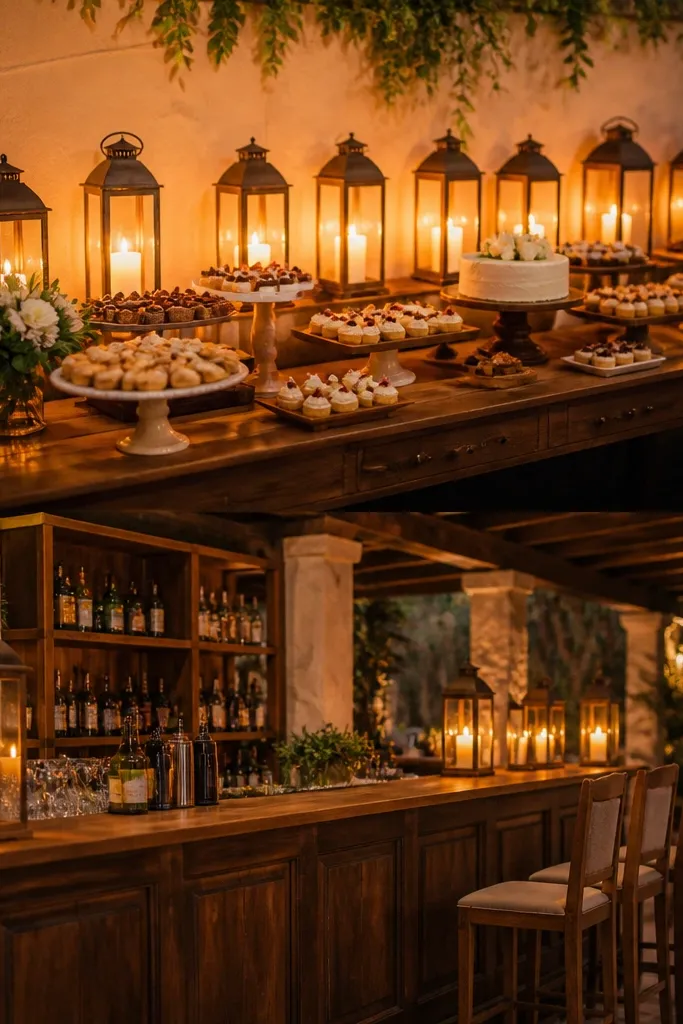 A dessert table with a row of warm lanterns and a matching bar area with lanterns. The lights create a consistent warm glow across both surfaces.