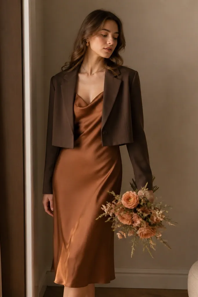 A cinnamon-brown satin slip dress with thin straps layered under a short cocoa blazer; the blazer sits at the high waist and the dress falls to mid-calf. The image shows warm indoor lighting and a small bouquet in terracotta tones.