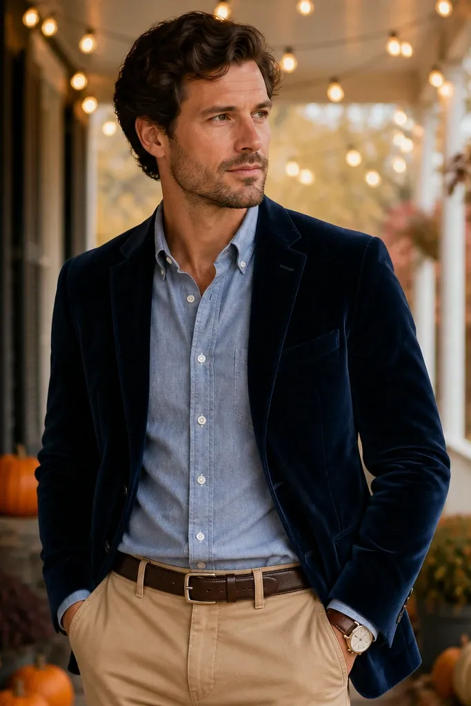 A navy velvet blazer worn over a light chambray button-down and tan trousers; the outfit is styled with a simple belt and a brown leather watch strap. The background shows a fall porch with string lights.