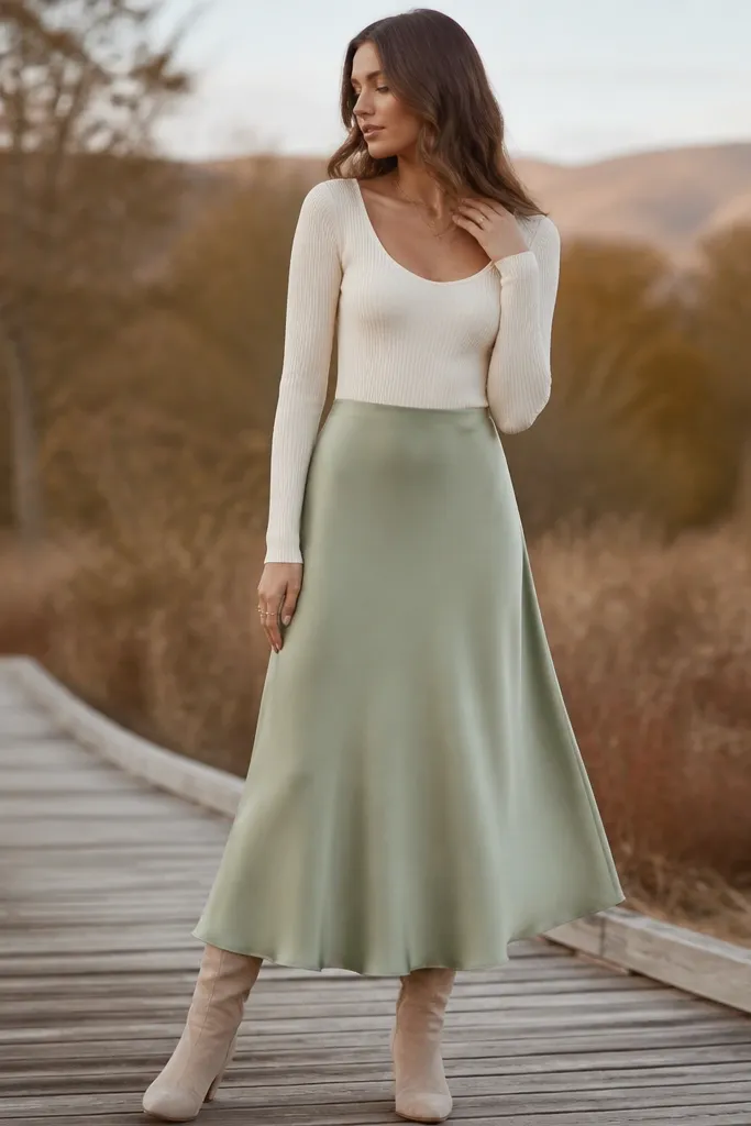 A sage green satin midi skirt with a slight A-line shape paired with a cream ribbed bodysuit; the waist looks smooth and the skirt has gentle movement. The photo shows a soft outdoor setting with muted fall colors.