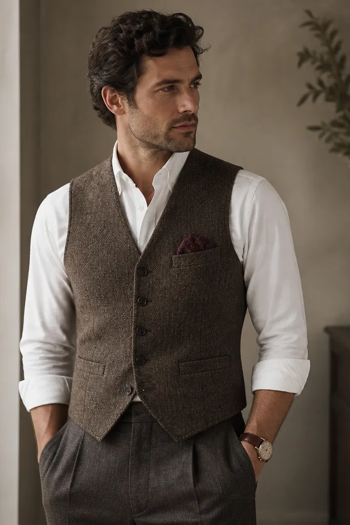A brown tweed vest over a crisp white oxford shirt, with a burgundy pocket square peeking from the breast pocket. The outfit includes tailored trousers and a leather watch.