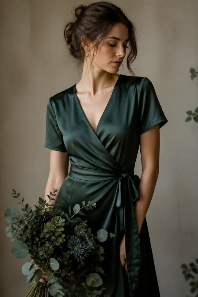 A forest green satin wrap dress with short sleeves, tied at the waist, with a soft sheen; the wrap creates a V neckline. The image includes a dark green bouquet and simple gold earrings.