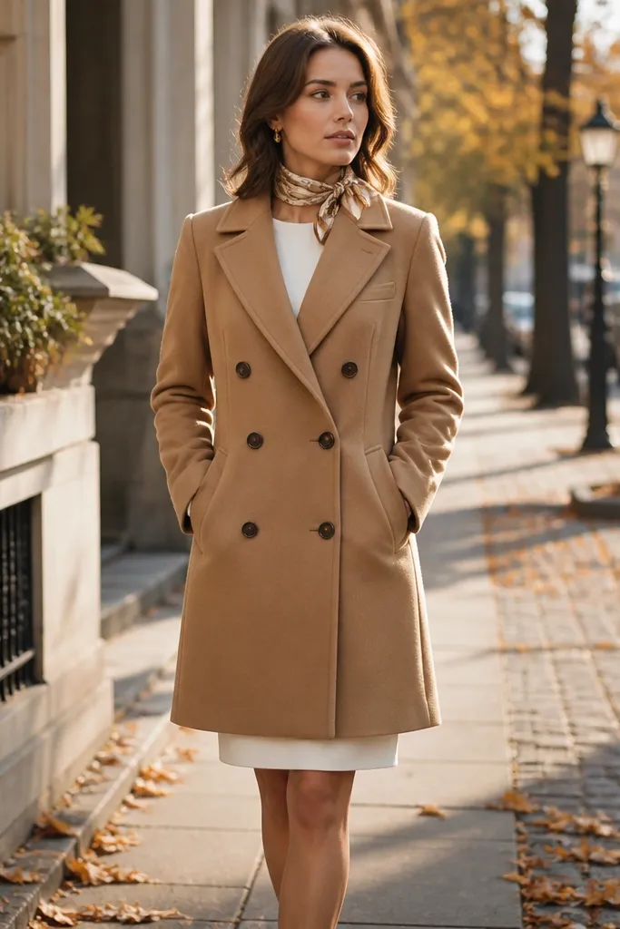 A camel double-breasted wool coat worn over a white fitted sheath dress; the coat is buttoned and the dress hem peeks out. The image shows a fall street with warm lighting and a small scarf.