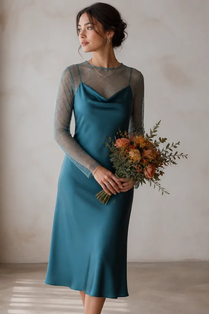 A teal satin midi dress with a sheer long-sleeve overlay layer; the overlay has a subtle pattern. The photo includes a small bouquet with warm orange accents and silver jewelry.