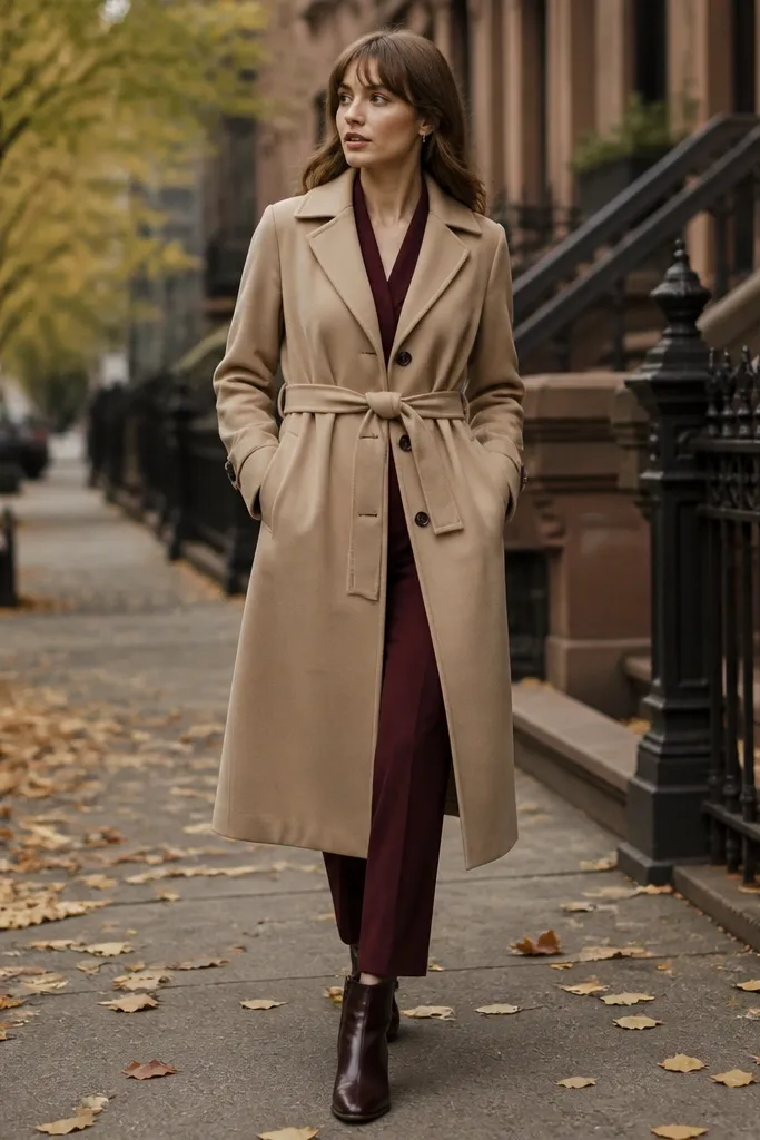 A tan trench coat worn over a burgundy jumpsuit; the trench is buttoned and the jumpsuit has a tailored waist. The photo shows a modern fall street setting and polished boots.