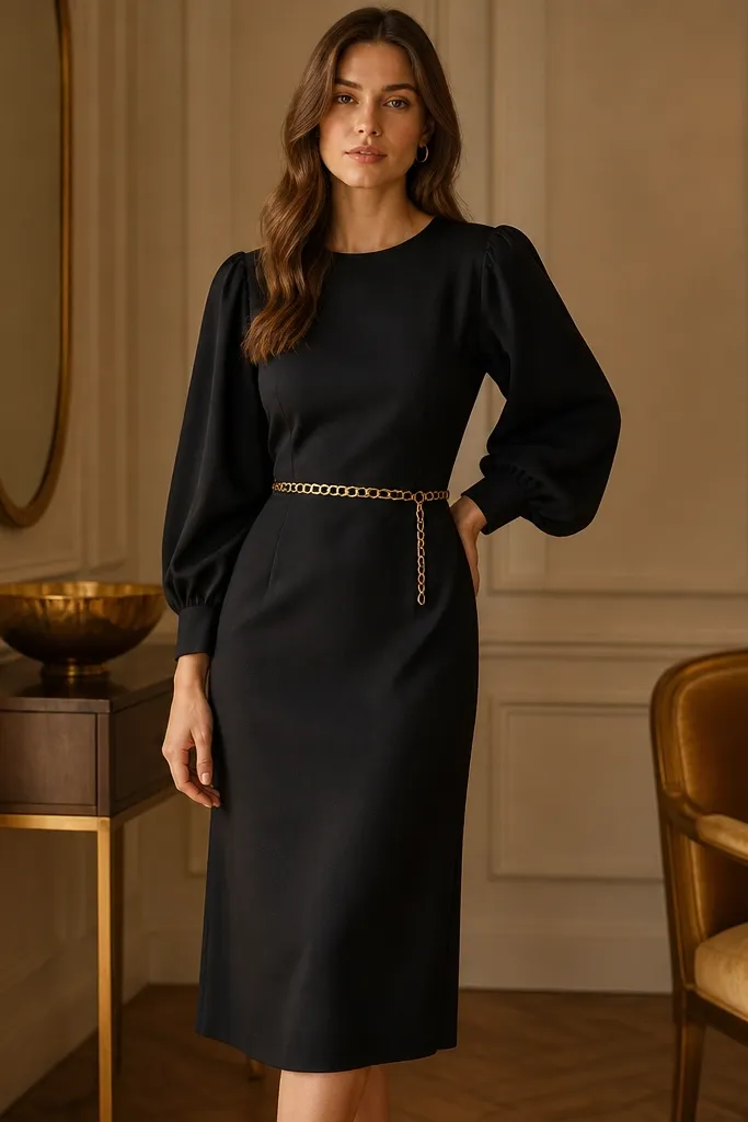 A black midi dress with statement sleeves and a gold chain belt at the waist; the neckline is simple and the hem falls mid-calf. The photo shows a warm indoor setting with gold-toned decor.