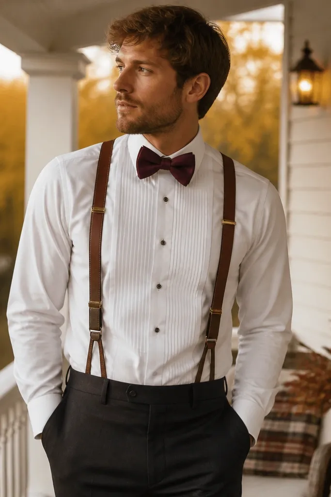 A white dress shirt with a burgundy bow tie and brown suspenders; the trousers are dark and the outfit looks tailored. The photo shows a fall outdoor porch with warm lighting.