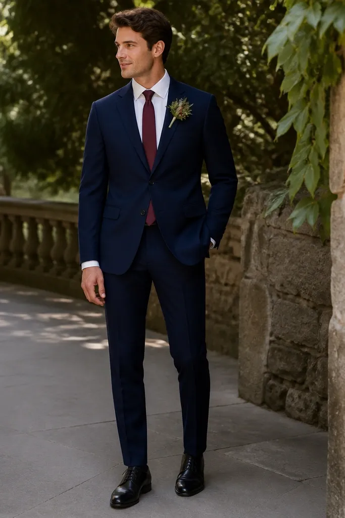 A men's wedding suit in deep navy with a white dress shirt, photographed outdoors in soft shade. The jacket has a clean two-button front, slim sleeves, and matching navy trousers. The tie is solid burgundy, and the shoes are polished black leather.