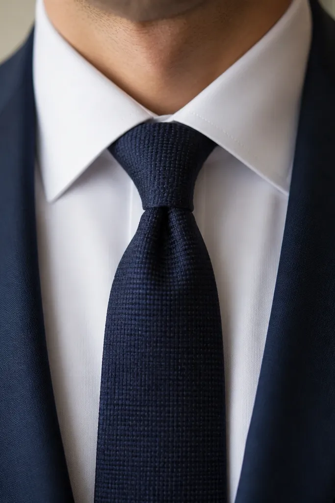 A close-up of a white dress shirt collar with a slightly spread collar, paired with a navy suit jacket. The tie knot sits centered, and the collar points lie flat without gaps.