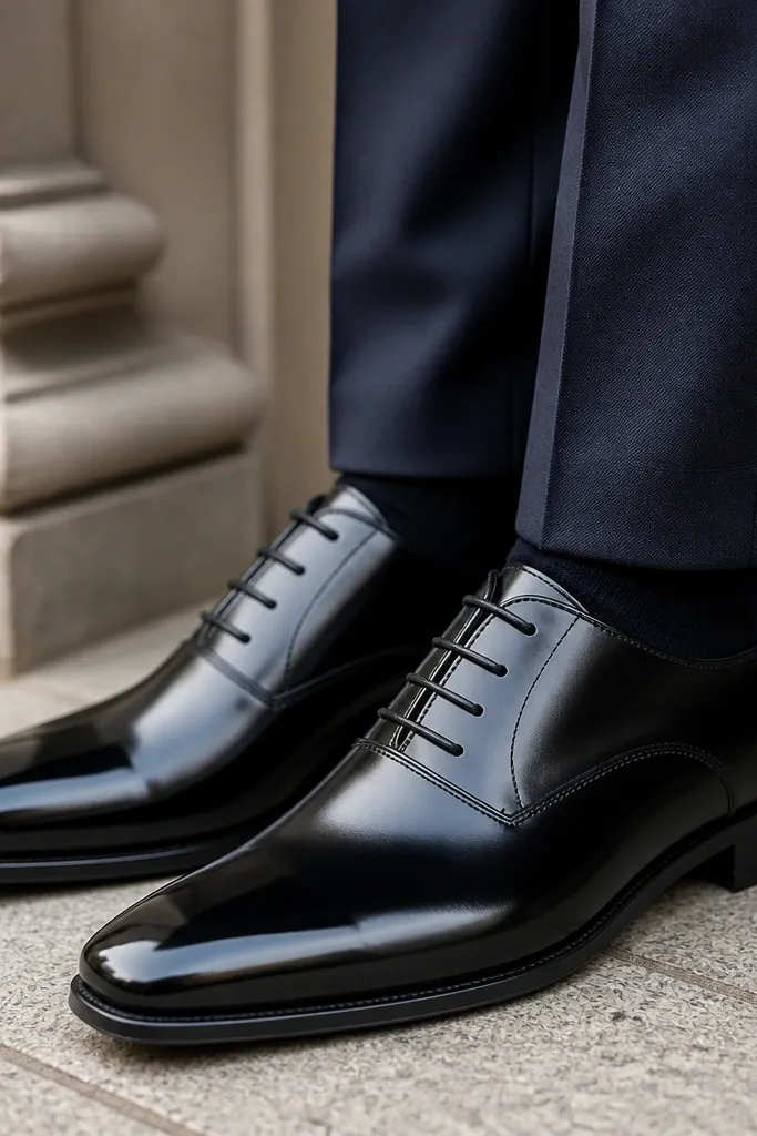 Black leather dress shoes with a mirror-like toe shine, shown beside a navy suit trouser hem. The laces are neatly tied and the soles look clean.
