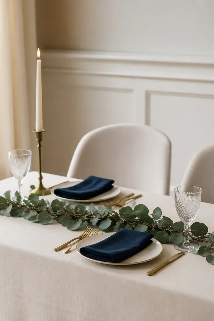 A small reception table with a cream tablecloth, two taper candles, navy napkins, and a simple runner of eucalyptus. Place settings are clean with minimal clutter.