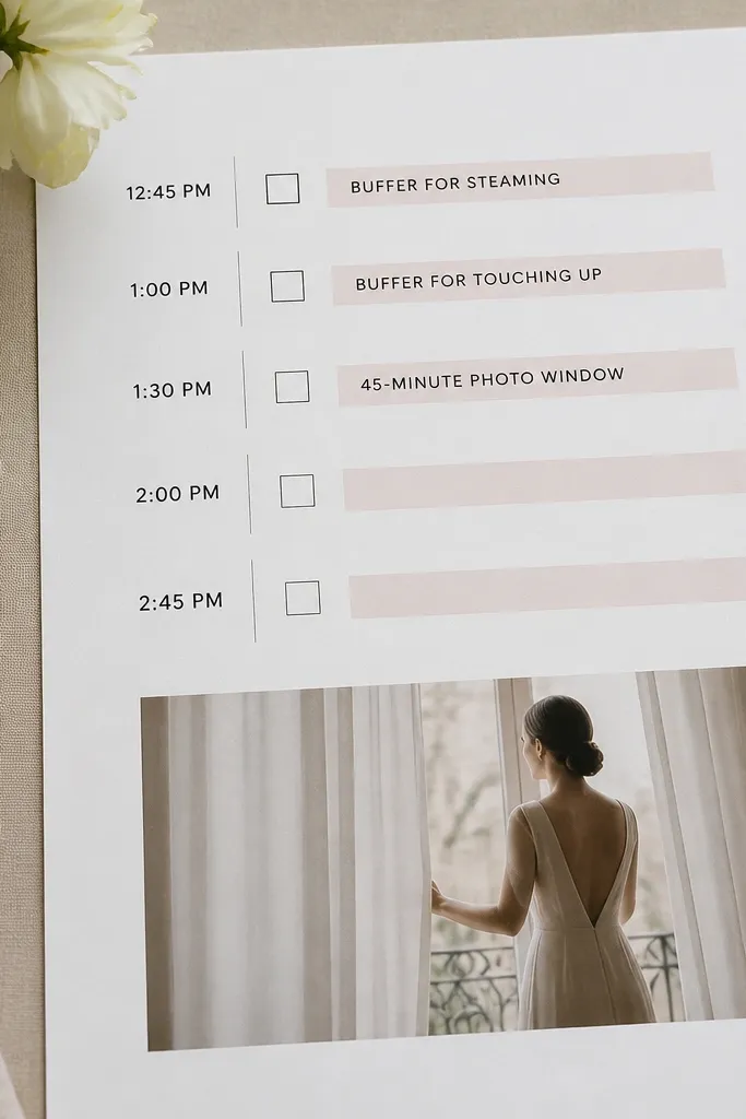 A printed schedule with times, checkboxes, and a photo block labeled. It shows a buffer for steaming, touching up, and a 45-minute photo window.