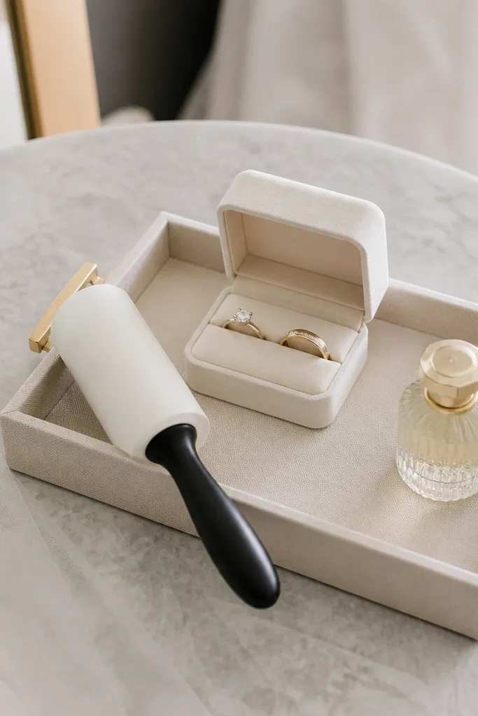 A small ring box with two rings inside, placed on a tray with a lint roller and a mini perfume bottle. The tray sits on a table near the getting-ready area.