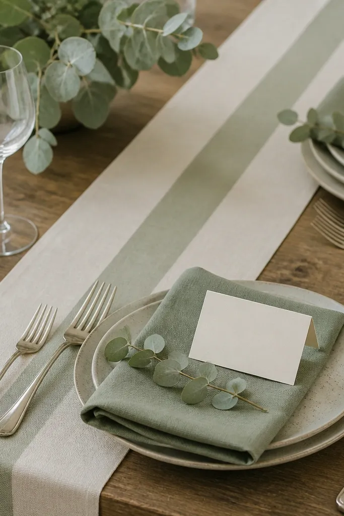 A cream table runner with a narrow band of sage green down the center. Matching sage cloth napkins are folded into simple rectangles. Small sprigs of eucalyptus sit under the napkin fold, and place cards are printed on thick cream cardstock.