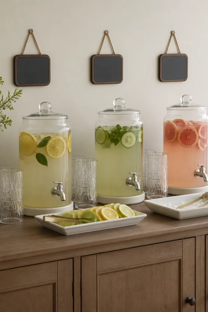 A long narrow sideboard with three clear beverage dispensers. Next to each is a stack of matching glassware. Above, small chalkboard tags label each drink in neat handwriting. There's a tray of citrus slices and a separate tray for ice tongs.
