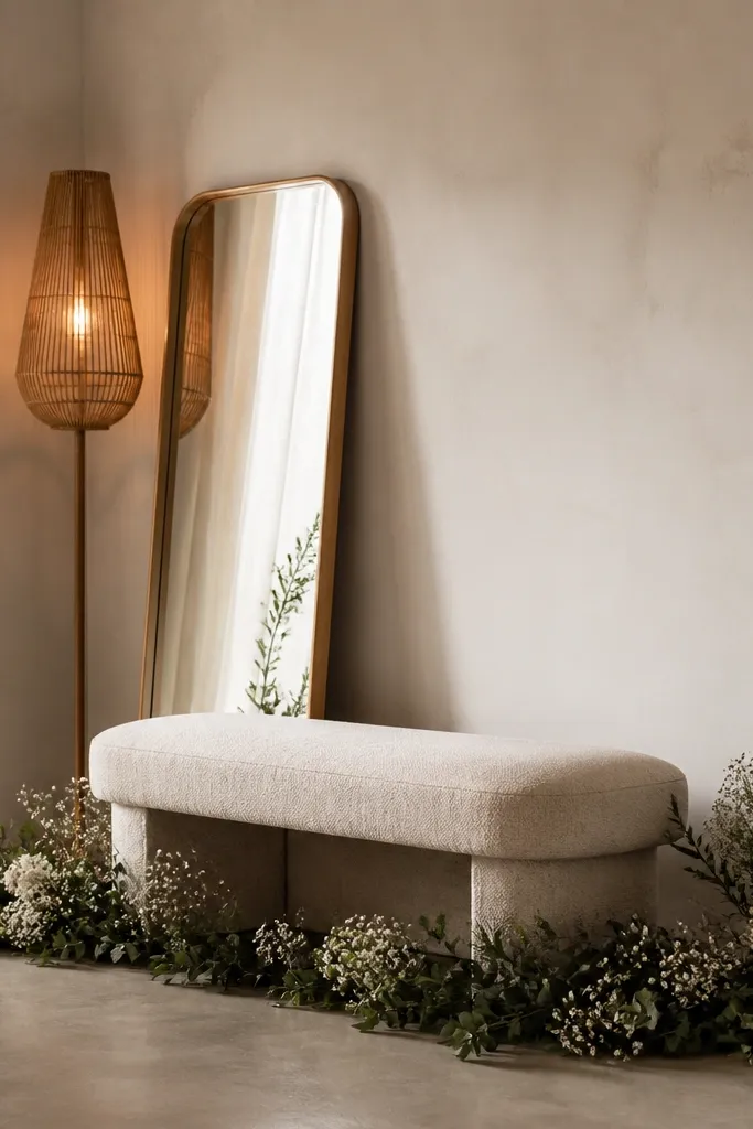 A small photo corner with a low upholstered bench in light beige. Behind the bench is one tall rattan floor lamp with a warm bulb and a slim mirror leaning against the wall. A simple garland line runs along the bottom edge only, with no ceiling decorations.