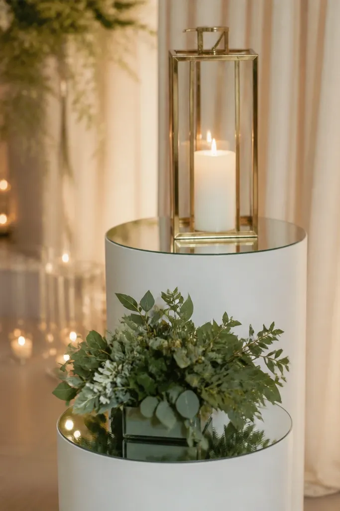 Two stacked pedestals in matte white, each with a round mirrored top reflecting warm lights. A tall candle lantern sits on the top tier, and the lower tier holds a compact greenery arrangement.