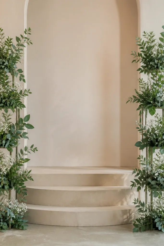 Two symmetrical greenery arrangements built like a ladder: staggered stems rising in steps along the stage edges. The leaves are matte, with small white filler flowers tucked between levels.