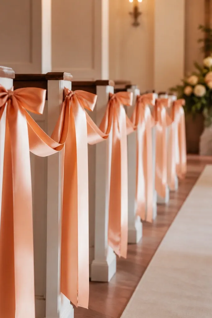 A ribbon cascade tied along an aisle rail, with repeating loops and long tails. Each tail drops about 24 inches, and the colors match the stage's warm accent tone.