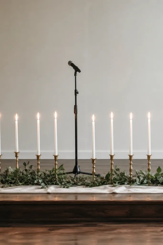 White taper candles in simple holders lined along the stage, with their top flames aligned around the height of the microphone stand. The holders sit on a clean runner and greenery base.