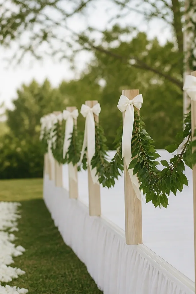 Tight ribbon knots tied at the stage edge posts or chair rail points, with matching greenery ties. The knots are uniform and create small bright anchors along the border.