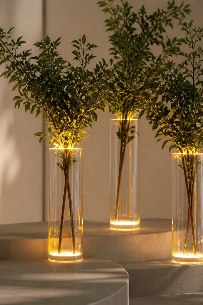 Clear glass vases on the stage with warm LED strip light glowing from inside. The glow creates a soft halo around greenery stems tucked at the vase openings.