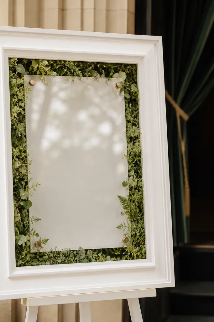A seating chart stand built like a picture frame: a white border around a glass panel, with greenery tucked behind the border. The stand sits near the stage entrance.