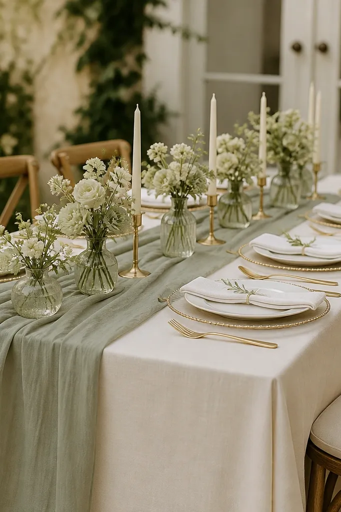 A cream tablecloth with a sage green runner layered on top, slightly off-center and draped with gentle folds. Place settings include gold-rimmed plates and white napkins. A row of small bud vases with pale sage and white flowers runs down the middle. Tall taper candles sit at intervals along the runner.