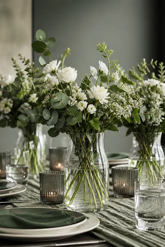 Clear glass vases filled with sage-green foliage and white blooms sit on a sage-toned table runner. Around them are smaller votive cups in smoked gray glass. Place settings show ivory plates with dark green napkins and transparent water glasses. The overall palette looks modern and moody.