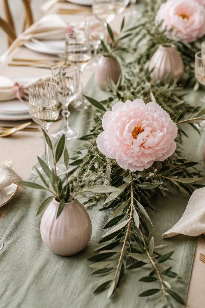 A sage and olive table runner with ivory plates. Centerpieces include branches of olive-toned greenery mixed with sage leaves, and blush peonies sit in the middle. Napkins are a pale cream with a blush ribbon tied loosely. Gold flatware and soft blush bud vases dot the table.