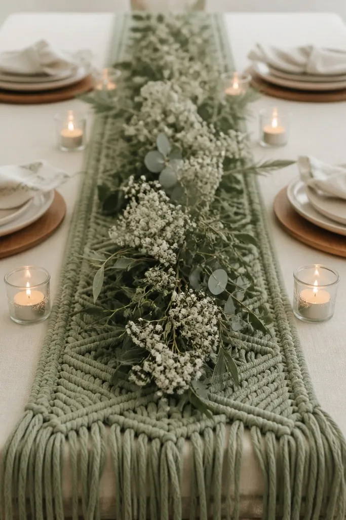 A cream table with a sage green macrame runner running down the center. Place settings show cream plates, natural wood chargers, and white napkins with sage stitching. Small candles in clear jars sit on either side of the runner. A low arrangement of sage greenery and white baby's breath spreads lightly along the center.