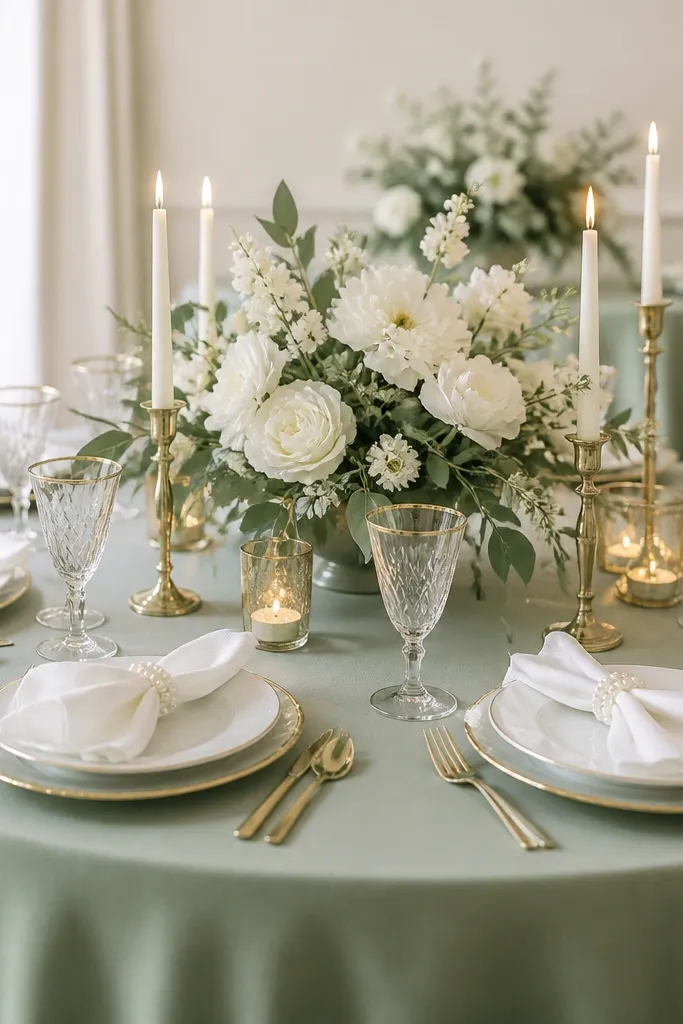 A sage green tablecloth covers the entire table. Gold-rimmed plates and white napkins are arranged neatly. Pearl napkin rings sit around each napkin fold. A soft white floral arrangement with sage leaves sits in the center, and gold candle holders reflect warm light.