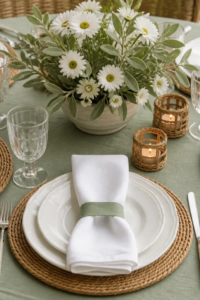 Sage green tablecloth with white porcelain plates. Wicker chargers sit under each plate, adding a woven texture. Napkins are white with a sage band. The centerpiece is a cluster of sage leaves and white daisies in a ceramic bowl, with small rattan candle holders nearby.