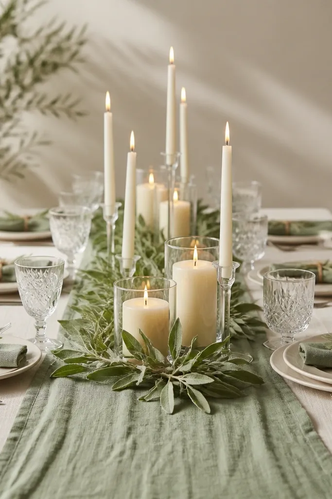 A sage green runner over a cream cloth. Centerpieces are candle clusters with tall white taper candles and shorter ivory candles in glass. Sage leaves are tucked around the candle bases. Place settings show ivory plates and sage napkins tied with twine. The table has a symmetrical feel but candles vary in height.