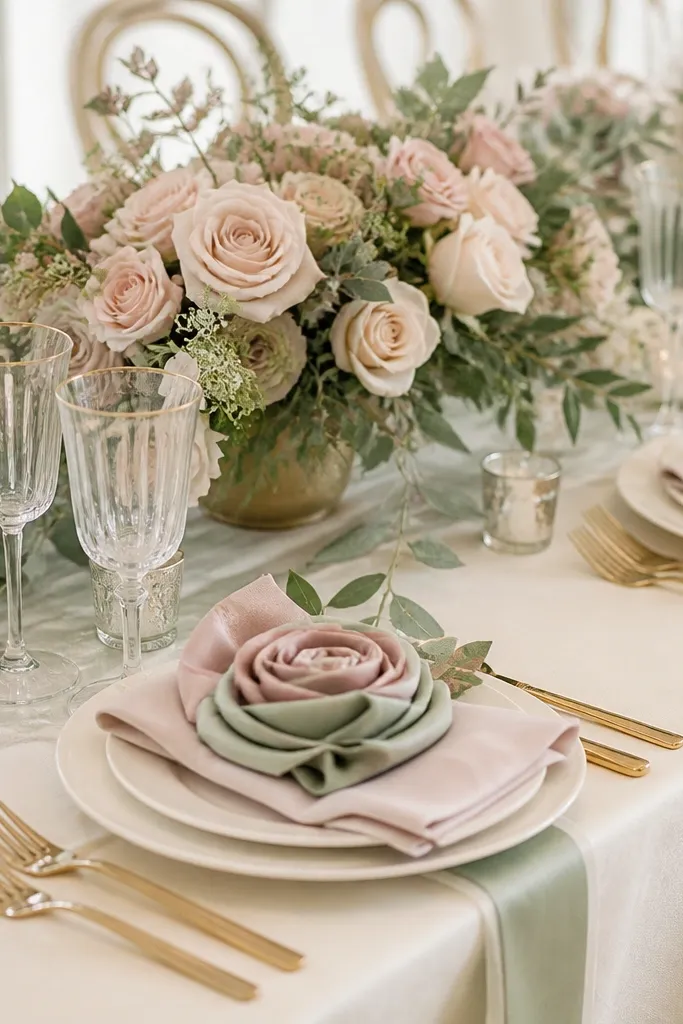 Ivory tablecloth with sage green accents. Napkins are folded into rosettes and include pale blush fabric layered with sage. Place settings have ivory plates, blush water napkins, and gold flatware. Centerpiece is blush roses mixed with sage leaves in a low arrangement.