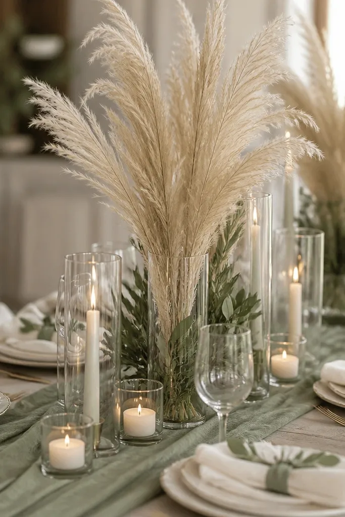 A sage runner with ivory plates. Centerpieces feature tall pampas grass plumes in neutral beige, with sage-green leaves tucked at the base. Napkins are cream with sage ribbon. Candles are in clear glass and placed around the pampas stems.