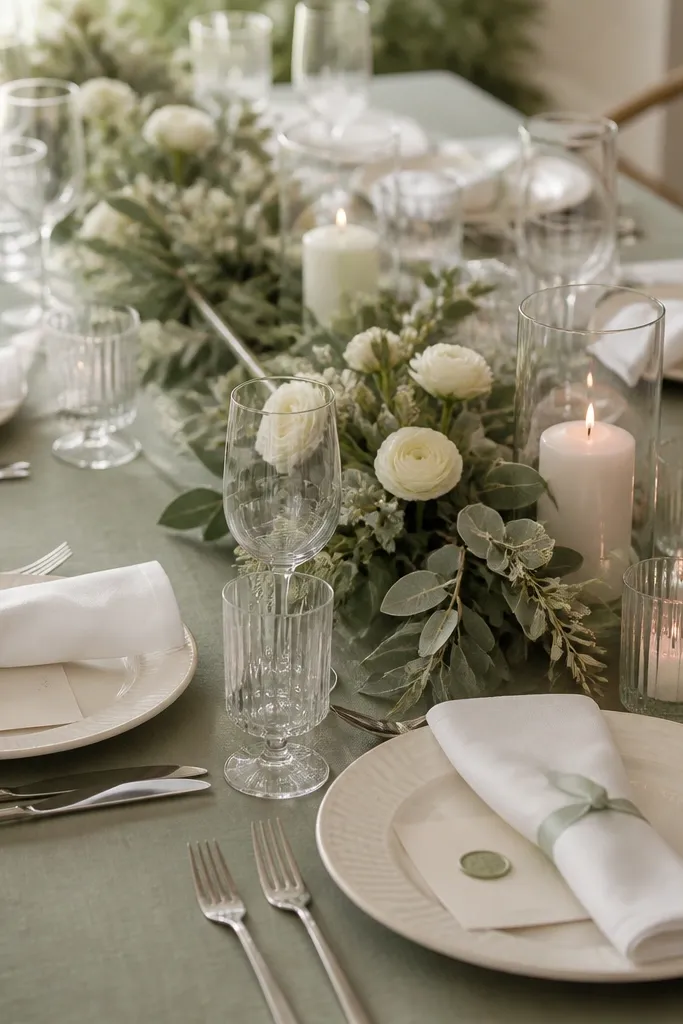 Cream place cards sit on top of each plate with small sage wax seals attached. The table has sage cloth and ivory plates. Napkins are white with a simple sage ribbon. A centerpiece of sage leaves and cream flowers sits in the middle with clear glass candles.